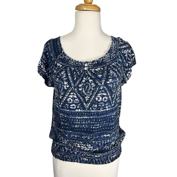 Chaps Denim Smocked Blue Batik Peasant Blouse Sz S Cotton - Picture 1 of 5